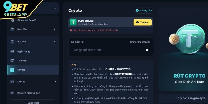 Hướng dẫn rút qua ví USDT